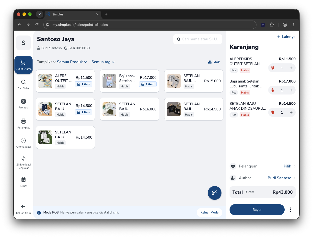Mode POS dengan keranjang berisi beberapa item dan tombol Bayar