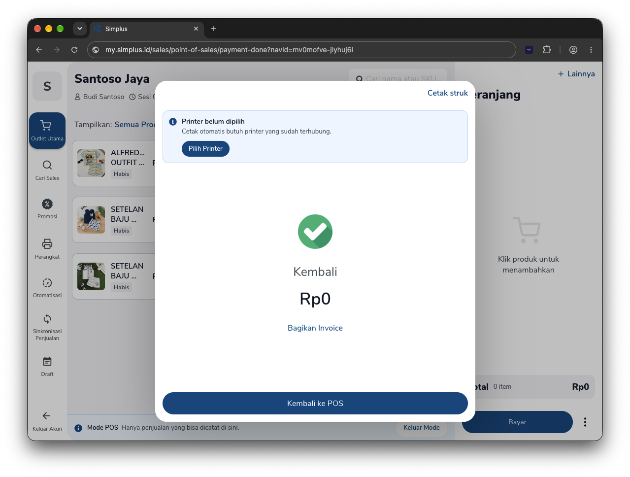 Ringkasan transaksi setelah bayar dengan opsi Bagikan Invoice dan Kembali ke POS