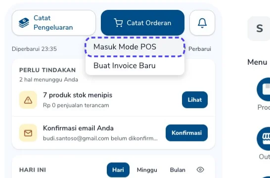 Dropdown Catat Orderan dengan opsi Masuk Mode POS