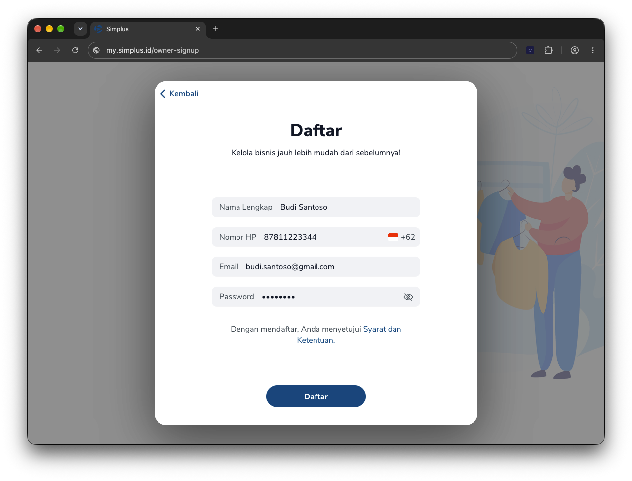 Form Daftar dengan Nama Lengkap, Nomor HP, Email, dan Password