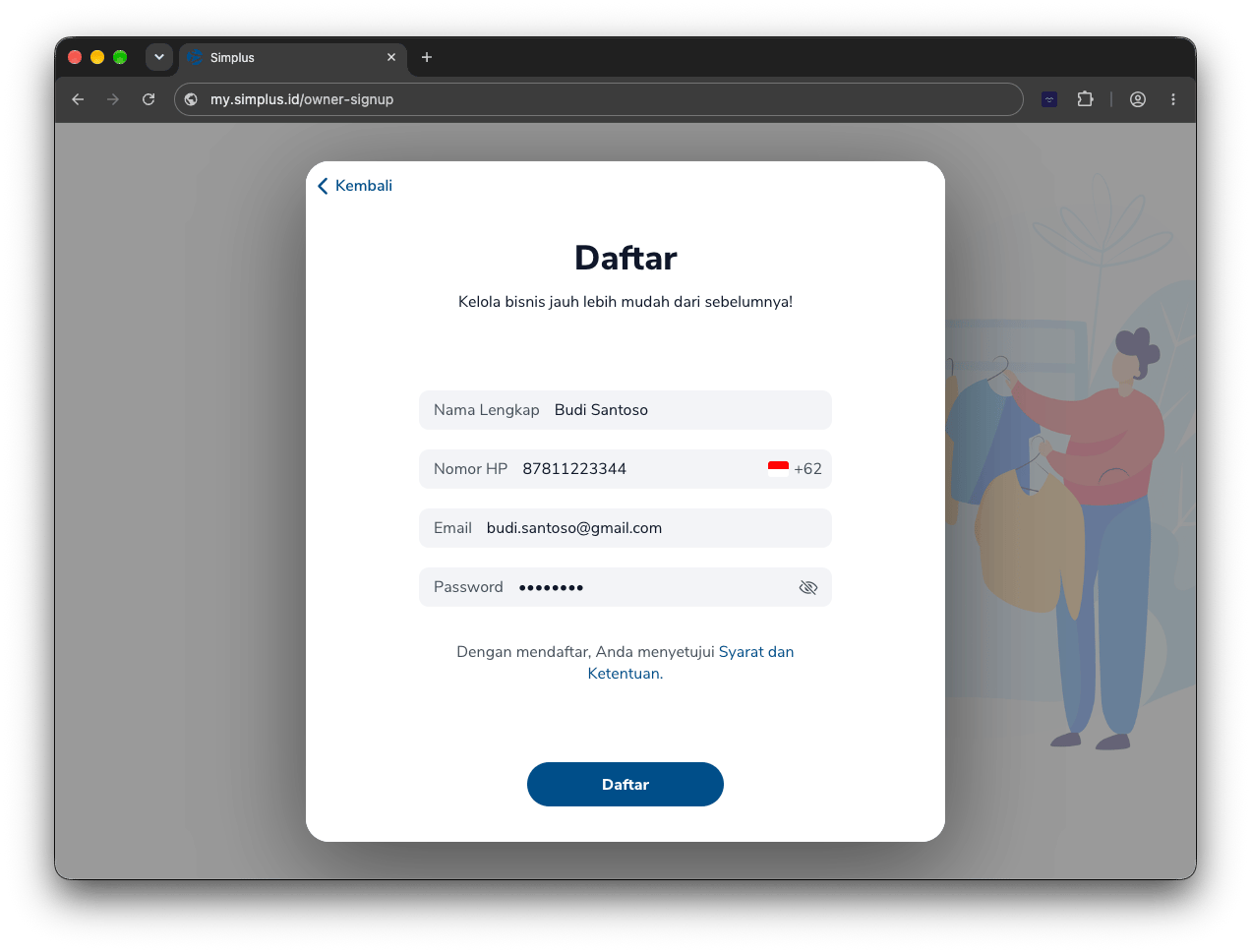 Form Daftar dengan Nama Lengkap, Nomor HP, Email, dan Password