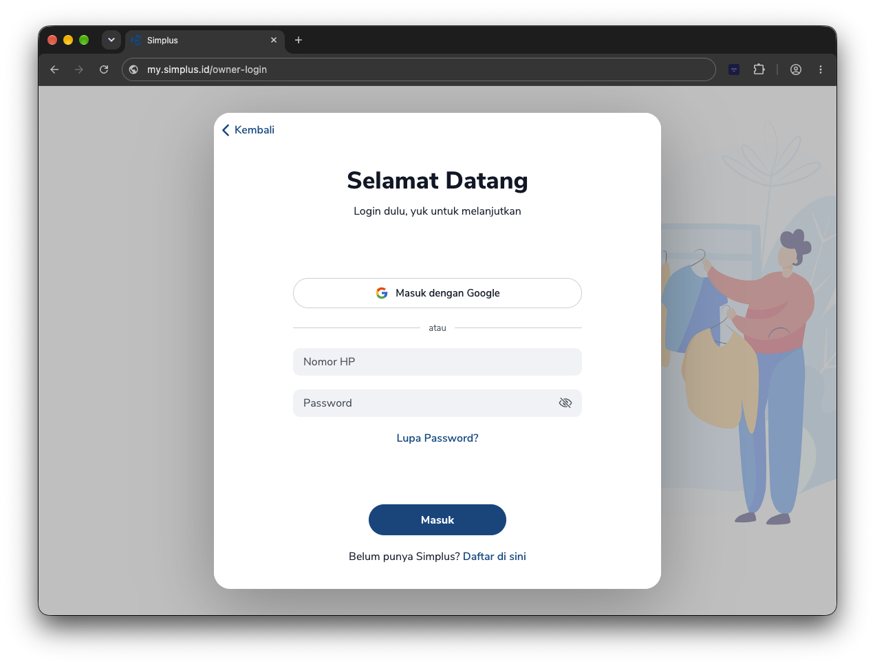 Form login Owner dengan Nomor HP, Password, dan tombol Masuk