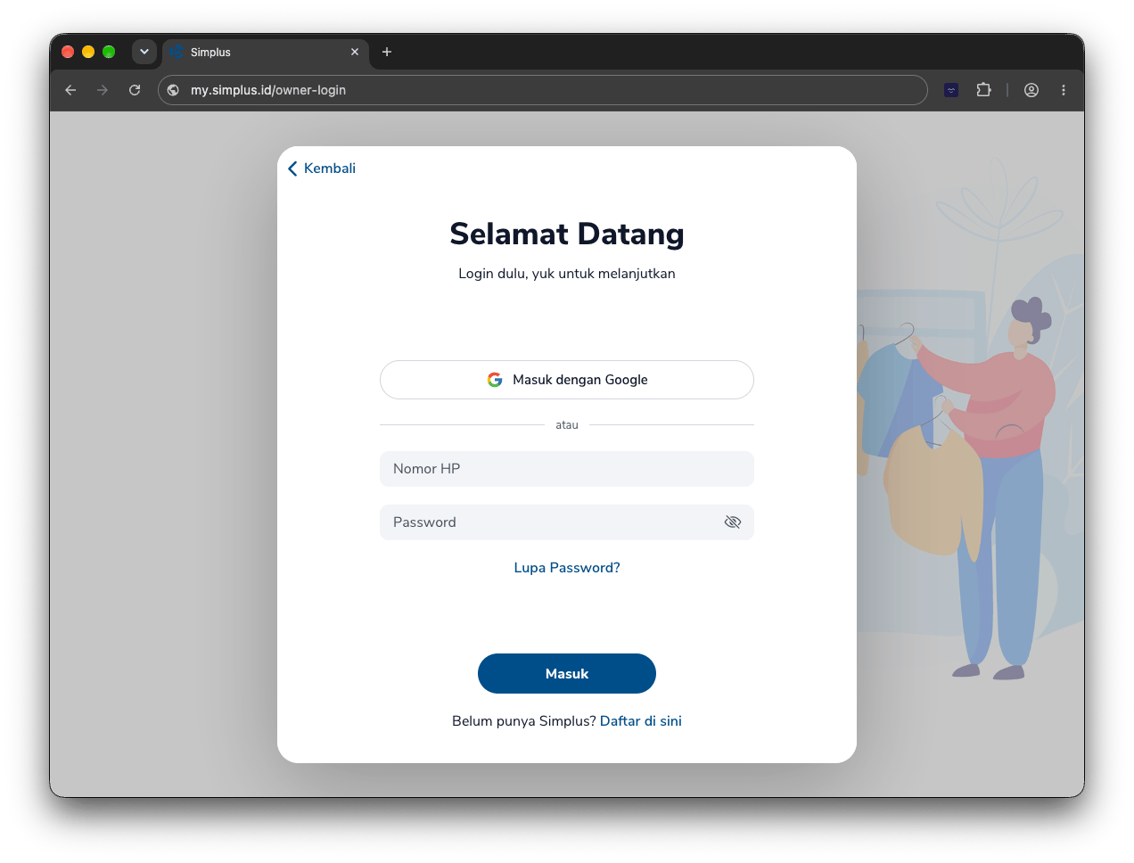 Form login Owner dengan Nomor HP, Password, dan tombol Masuk