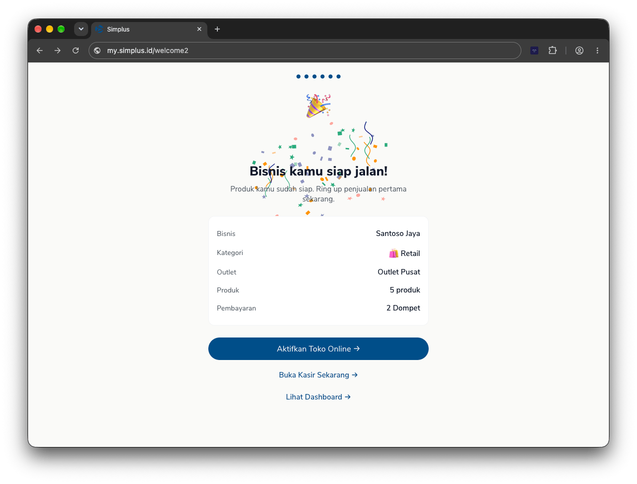 Layar Bisnis kamu siap jalan dengan ringkasan nama bisnis, outlet, produk, dan dompet