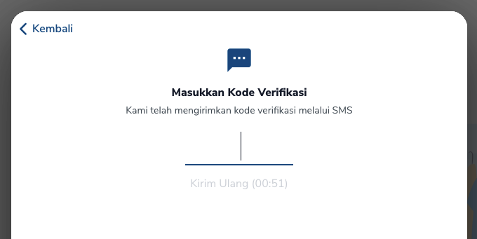 Layar Masukkan Kode Verifikasi setelah memilih SMS