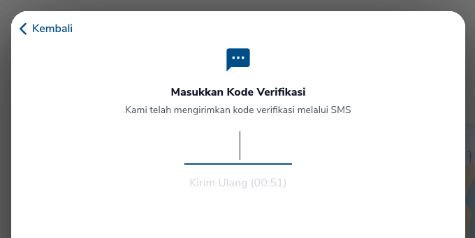 Layar Masukkan Kode Verifikasi setelah memilih SMS