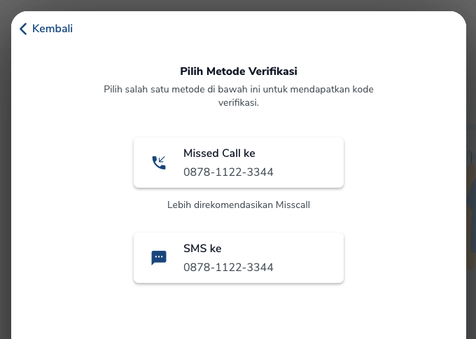 Layar Pilih Metode Verifikasi dengan opsi Missed Call dan SMS