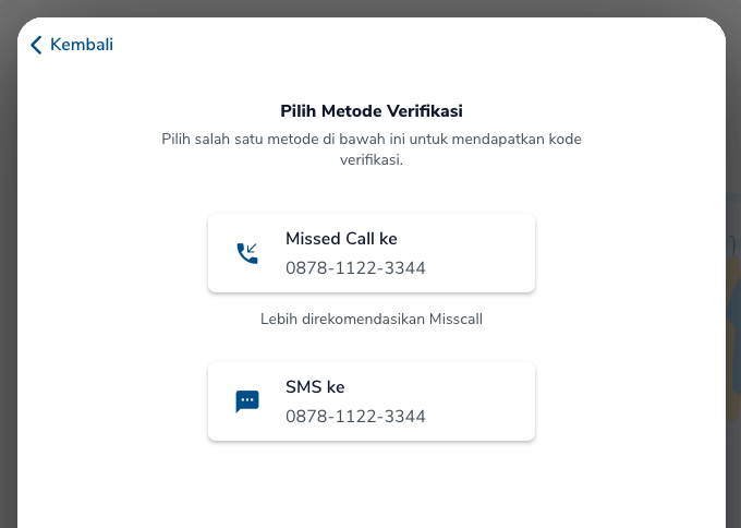 Layar Pilih Metode Verifikasi dengan opsi Missed Call dan SMS