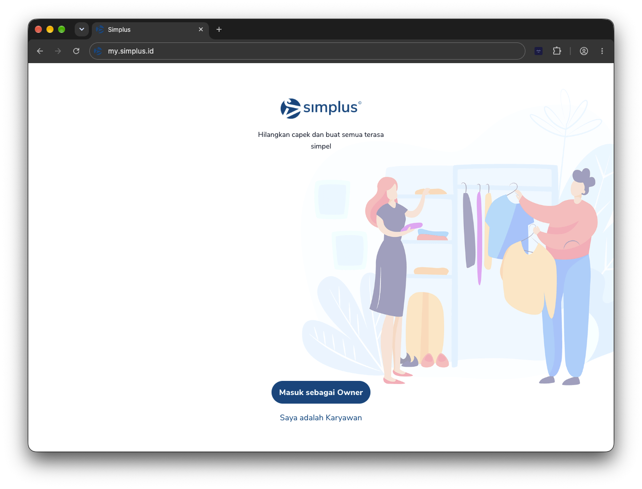 Layar welcome dengan tombol Masuk sebagai Owner dan Saya adalah Karyawan
