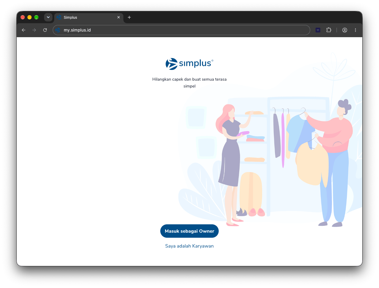 Layar welcome dengan tombol Masuk sebagai Owner dan Saya adalah Karyawan