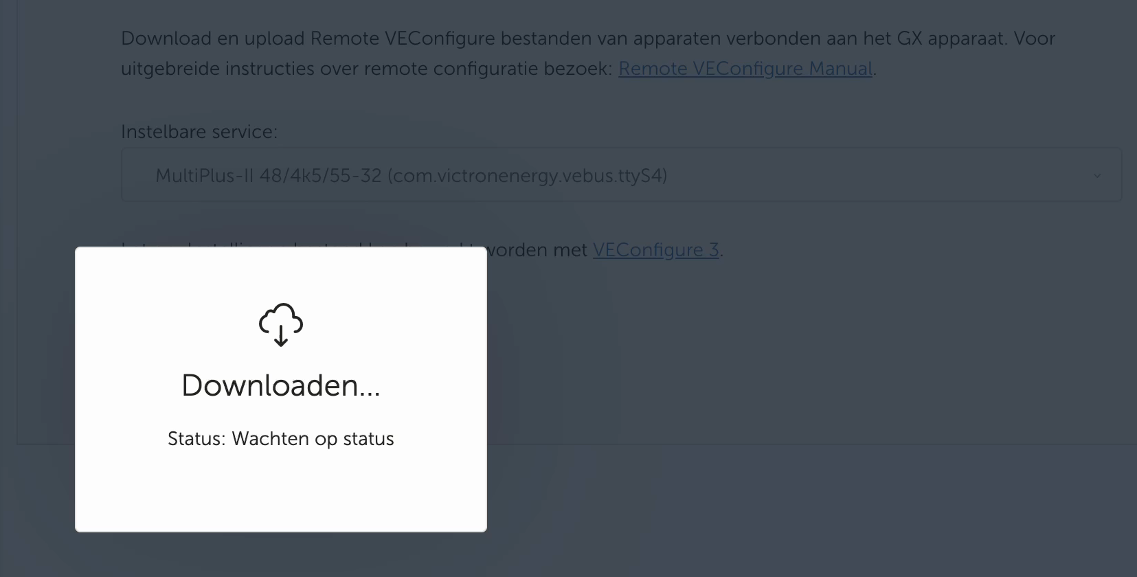 Remote VEConfigure in VRM downloadt het configuratiebestand van de MultiPlus-II