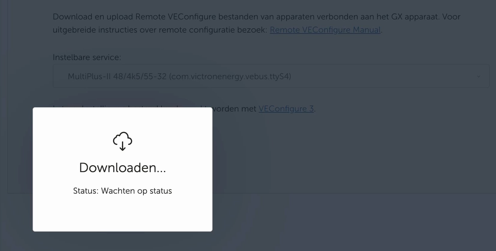 Remote VEConfigure in VRM downloadt het configuratiebestand van de MultiPlus-II