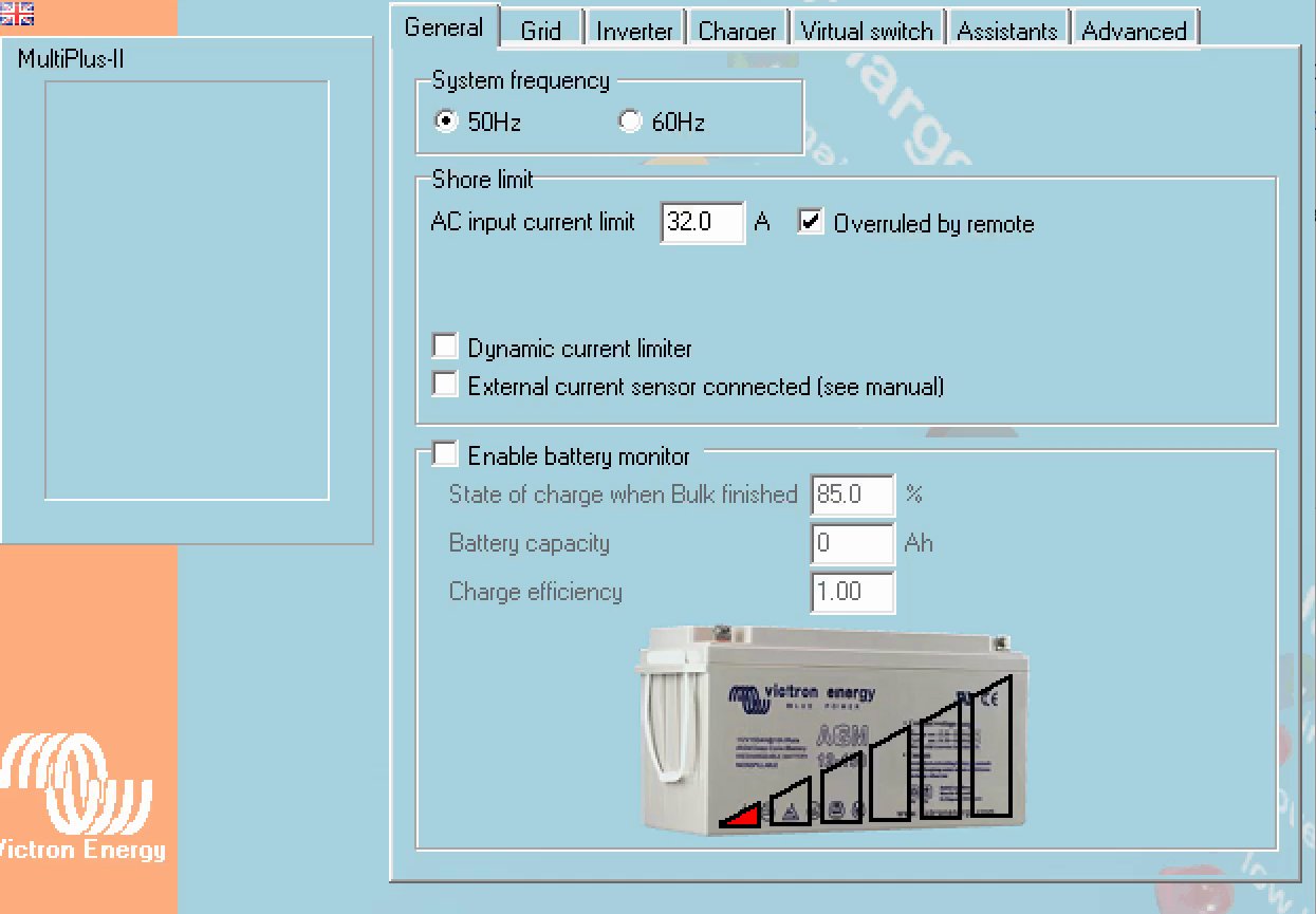 VE Configure General-tabblad met system frequency 50Hz en AC input current limit