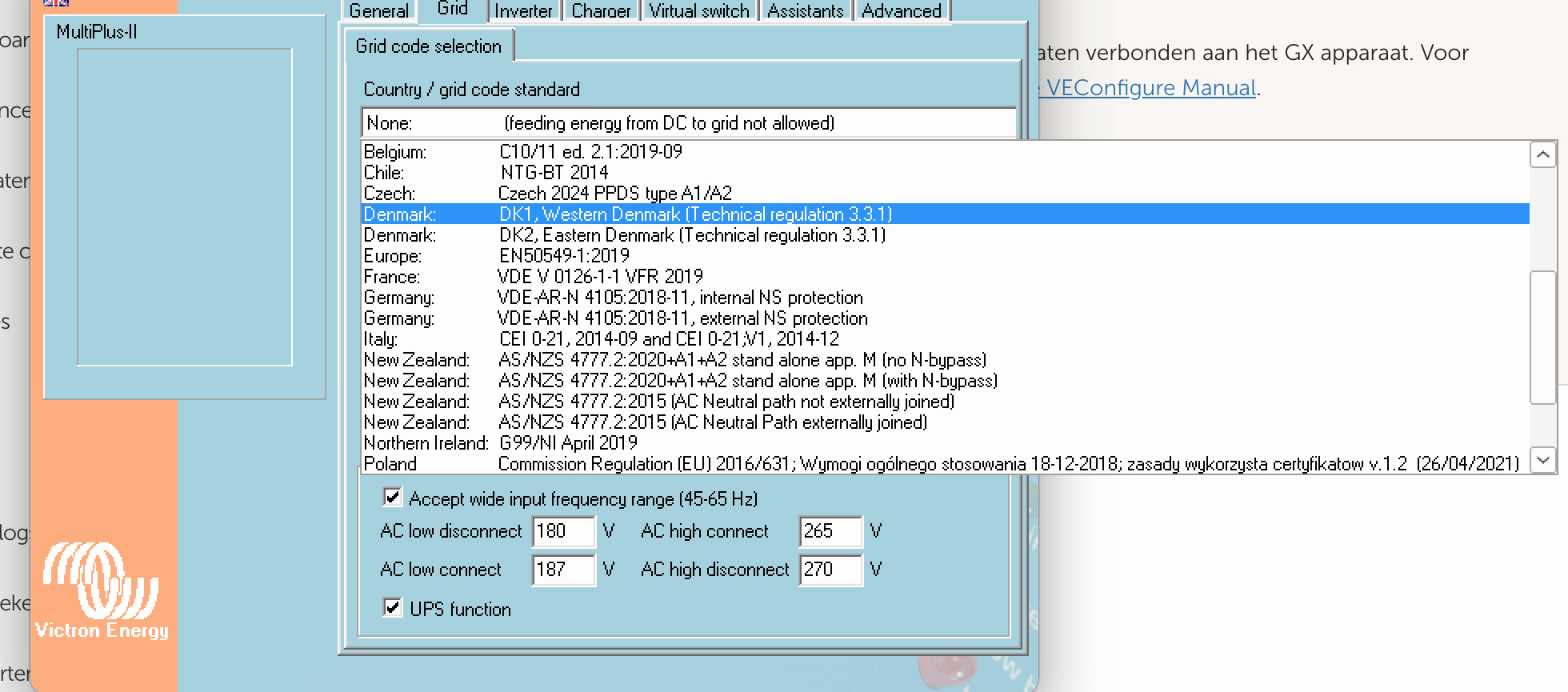 VE Configure Grid-tabblad met de Country / grid code standard-lijst opengeklapt
