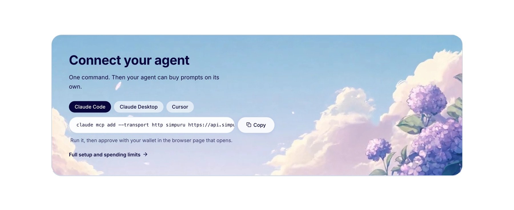 Connect your agent: one command, then your agent can buy prompts on its own