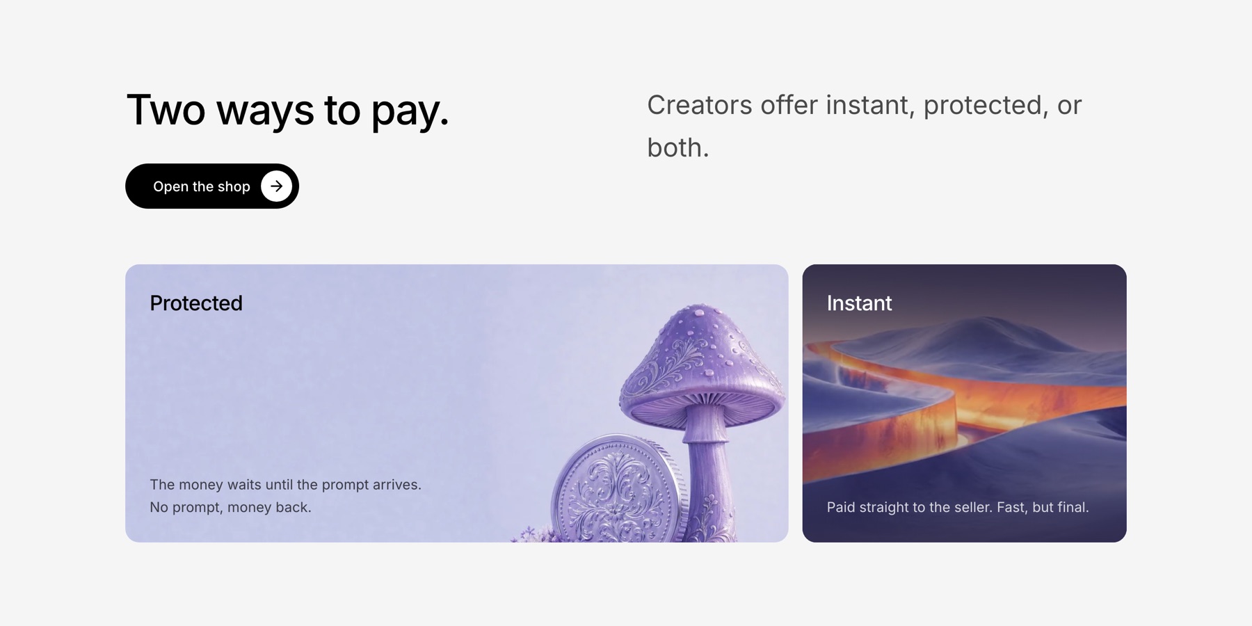 Two ways to pay: protected, where the money waits until the prompt arrives, and instant, paid straight to the seller