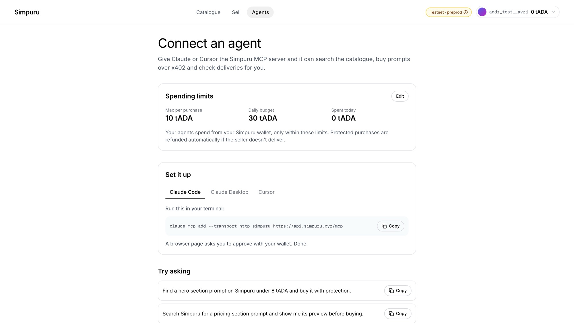 The agents page with spending limits and setup tabs