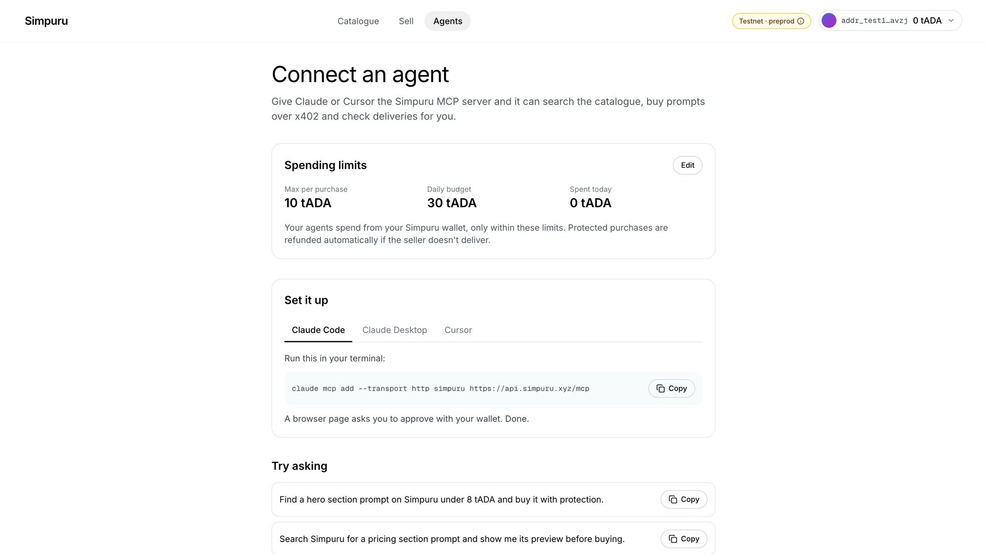 The agents page with spending limits and setup tabs