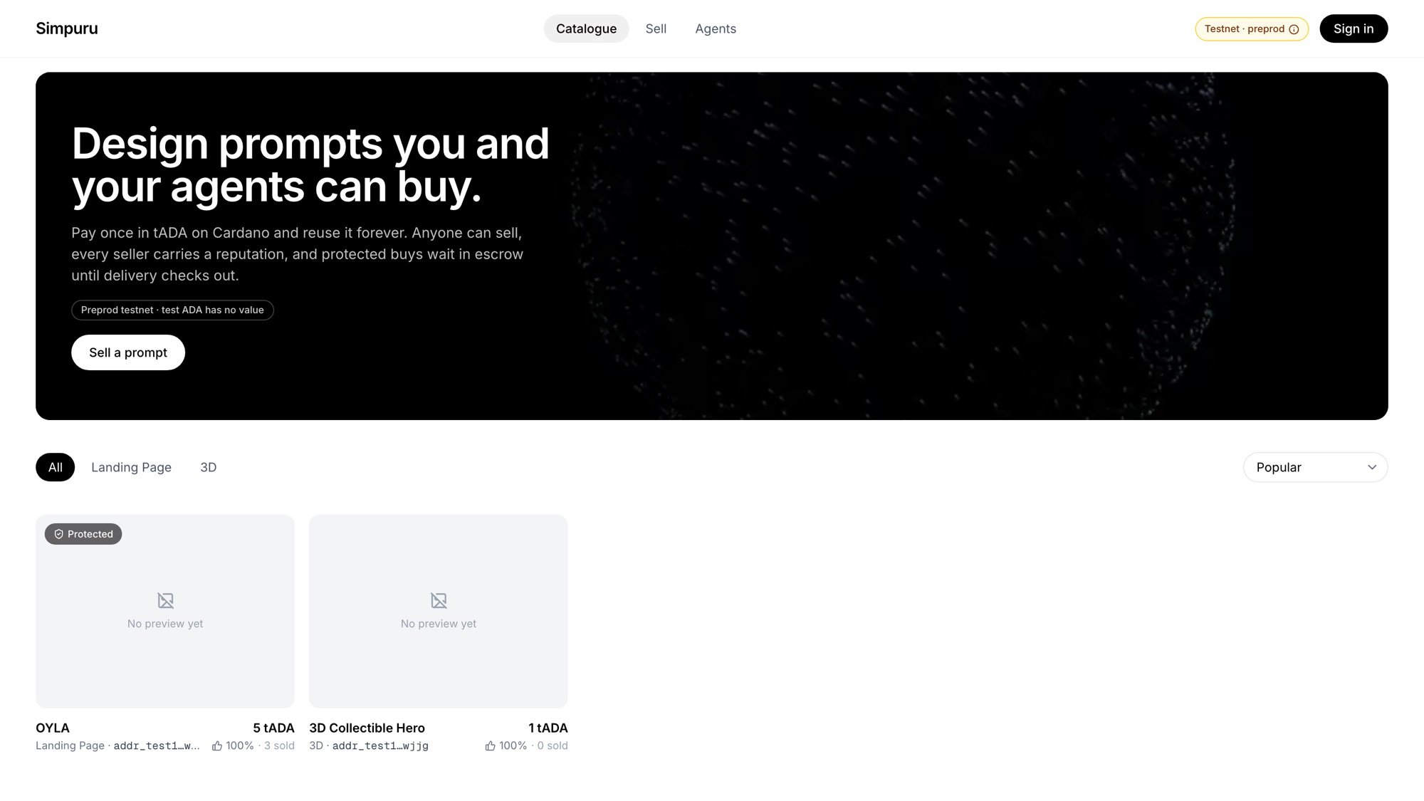The catalogue: category filter, sort, and cards with price, seller and reputation