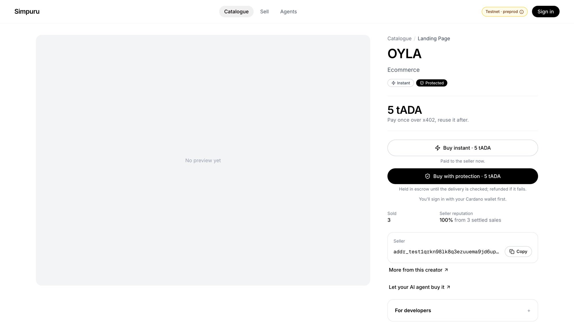 A listing page with the Buy instant and Buy with protection buttons