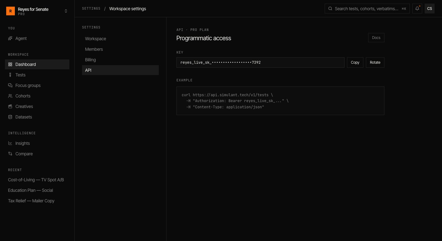 API settings showing the workspace API key and a curl example