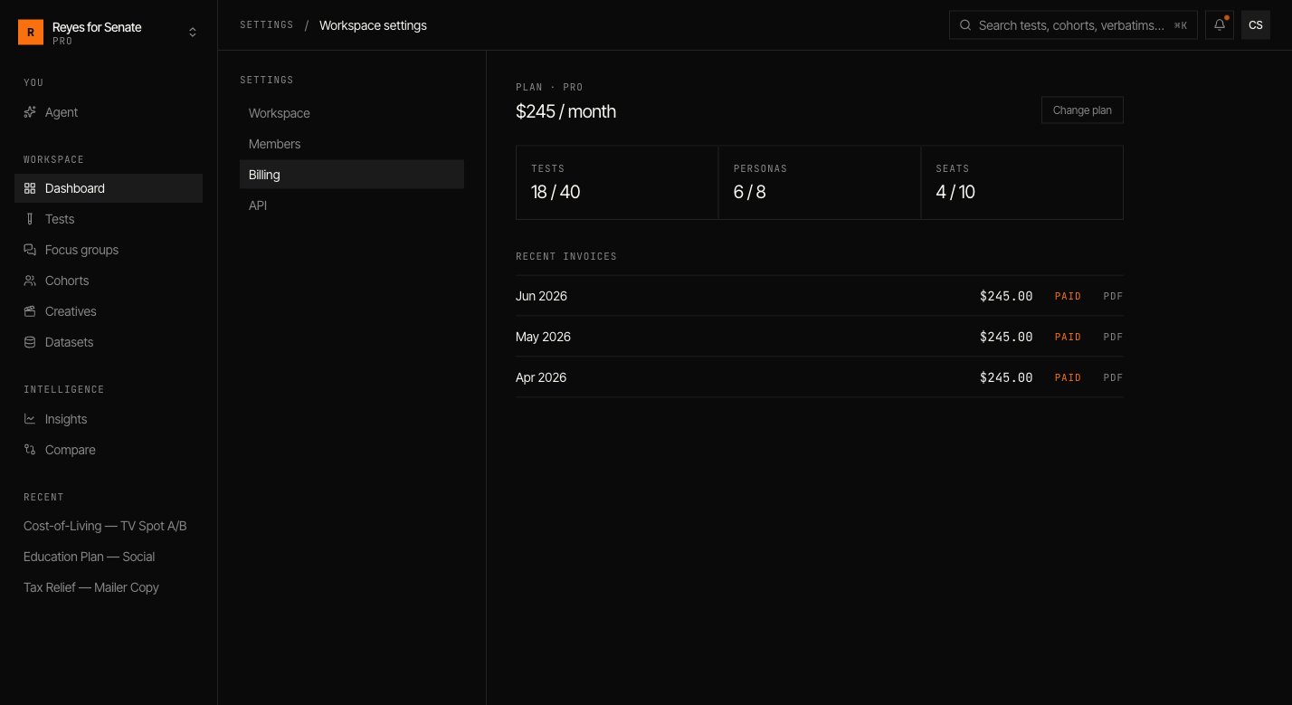 Billing settings showing the Pro plan, usage, and recent invoices