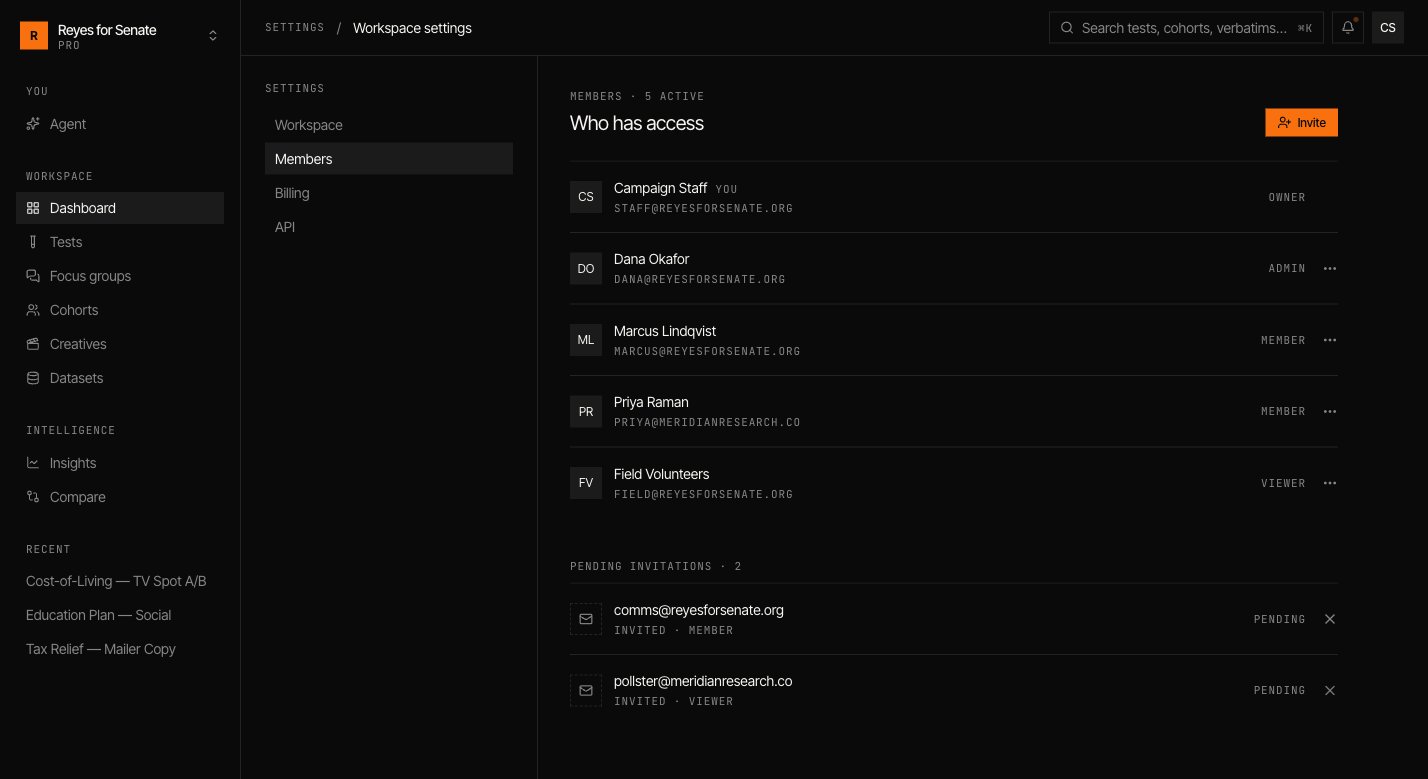 Members settings showing campaign staff with owner, admin, member, and viewer roles plus pending invites