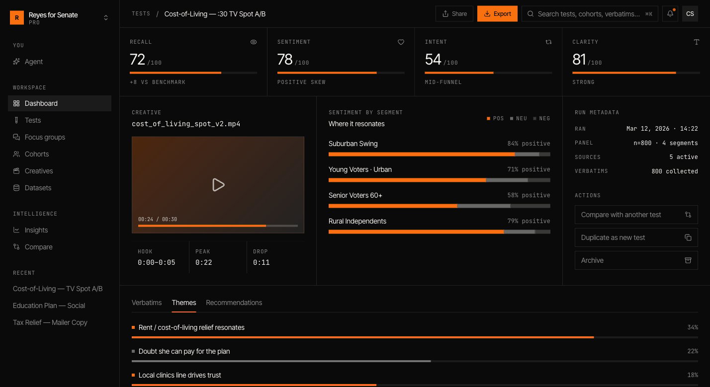 Themes view showing recurring patterns such as cost-of-living resonance and doubts about funding