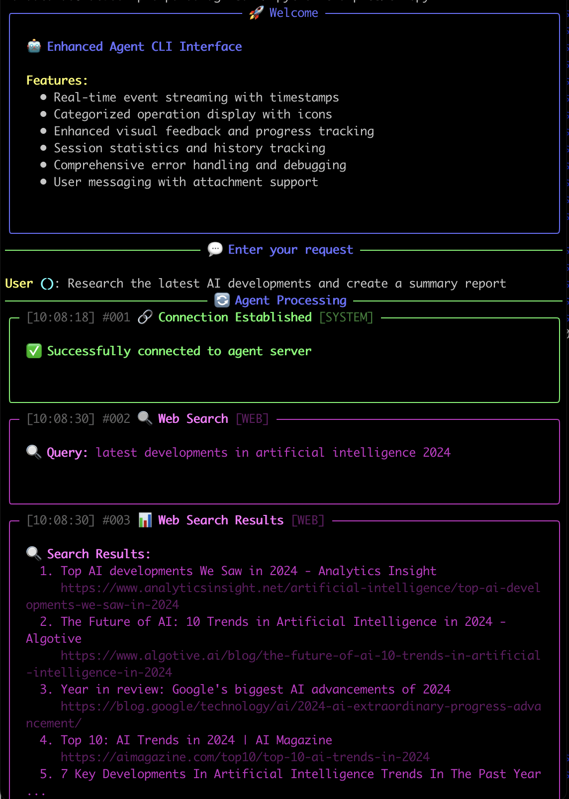 PandaAGI CLI Interface showing real-time agent interactions in the terminal