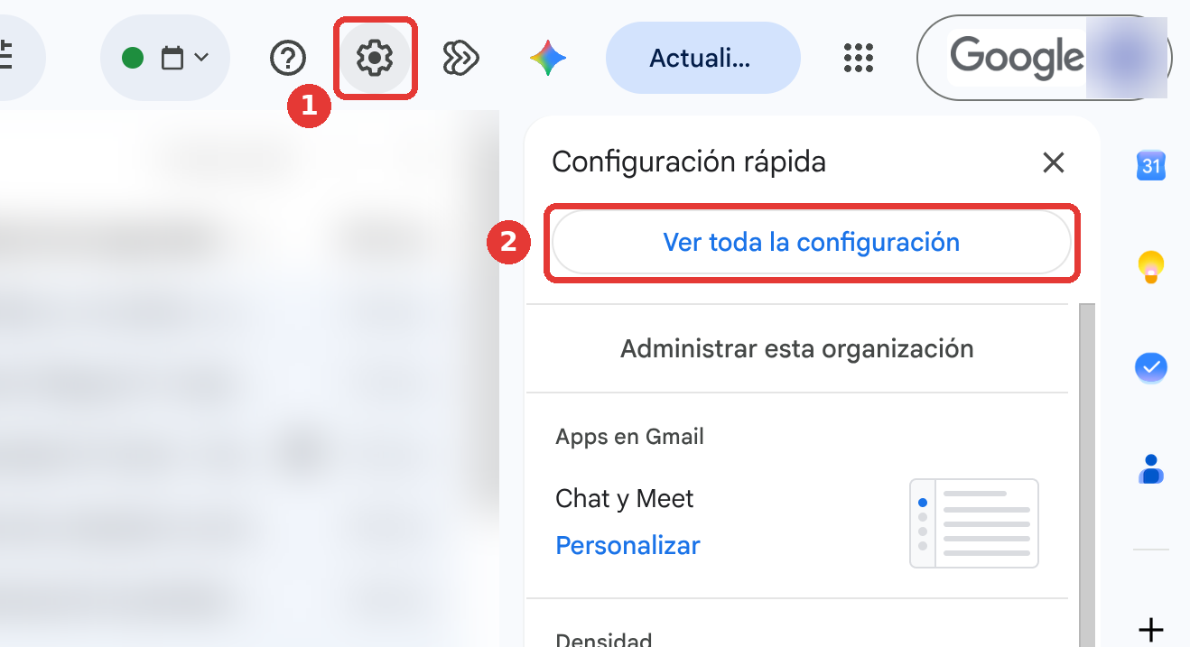 Gmail with the Settings gear and the See all settings button highlighted, in the Spanish interface