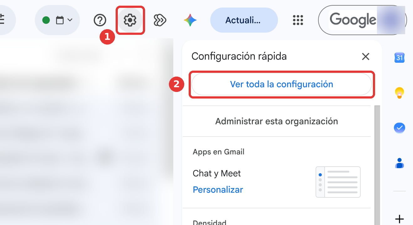 Gmail with the Settings gear and the See all settings button highlighted, in the Spanish interface