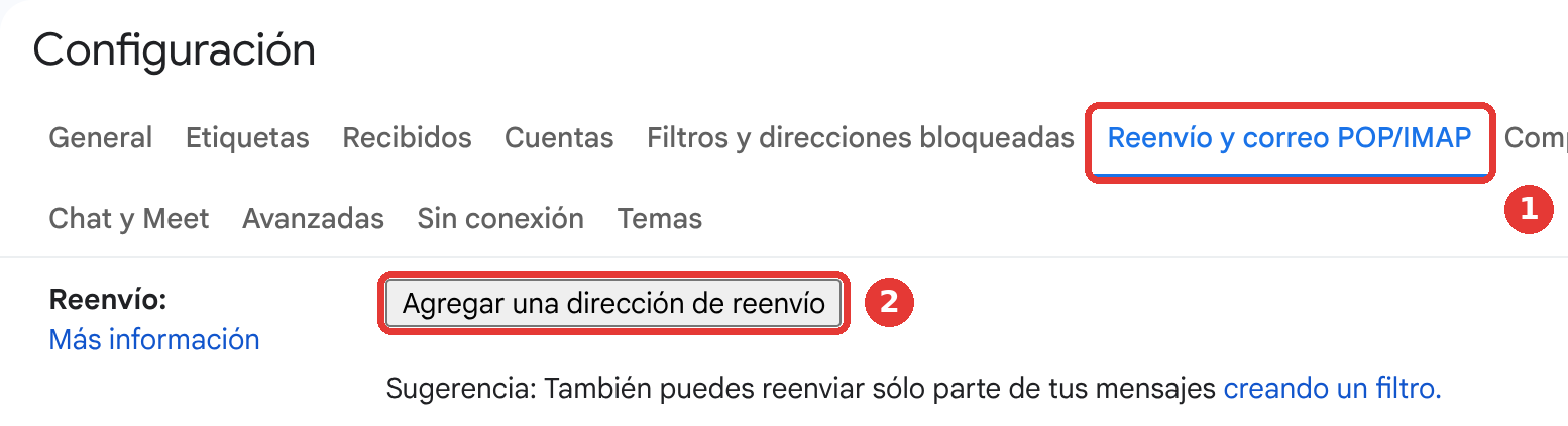 The Forwarding and POP/IMAP tab with the Add a forwarding address button