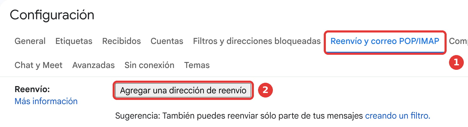 The Forwarding and POP/IMAP tab with the Add a forwarding address button