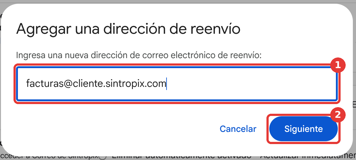 The Add a forwarding address box with the Mailbox address entered
