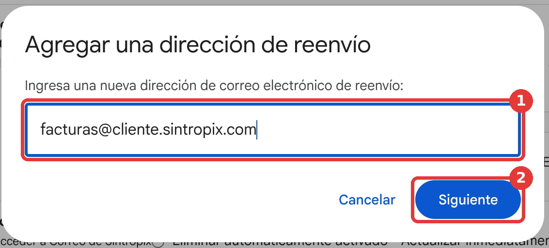The Add a forwarding address box with the Mailbox address entered