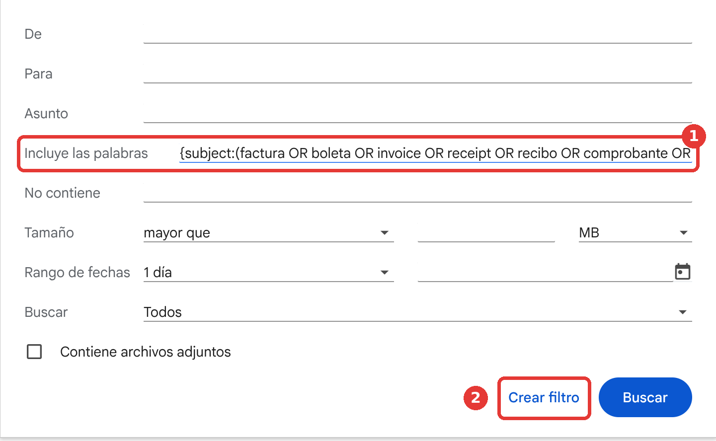 Gmail search options with the criteria pasted into Has the words and the Create filter button