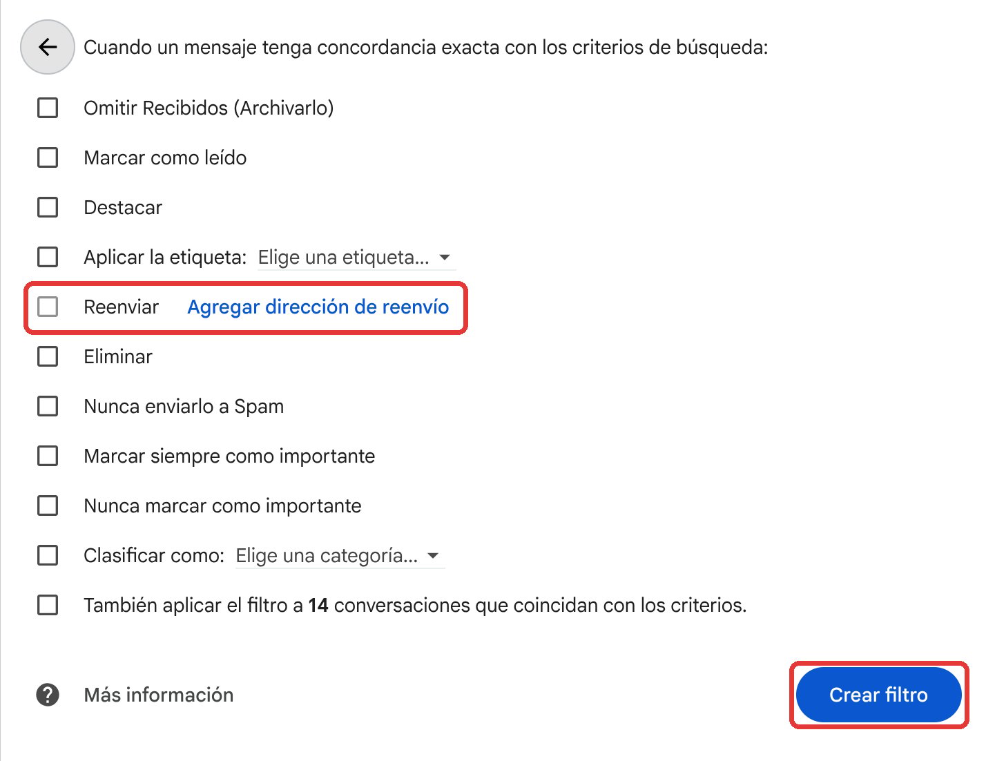 The filter actions list with the forward option checked