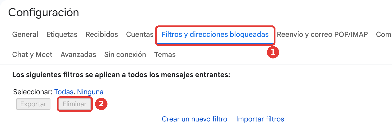 The Filters and Blocked Addresses tab with the forwarding filter and the Delete button