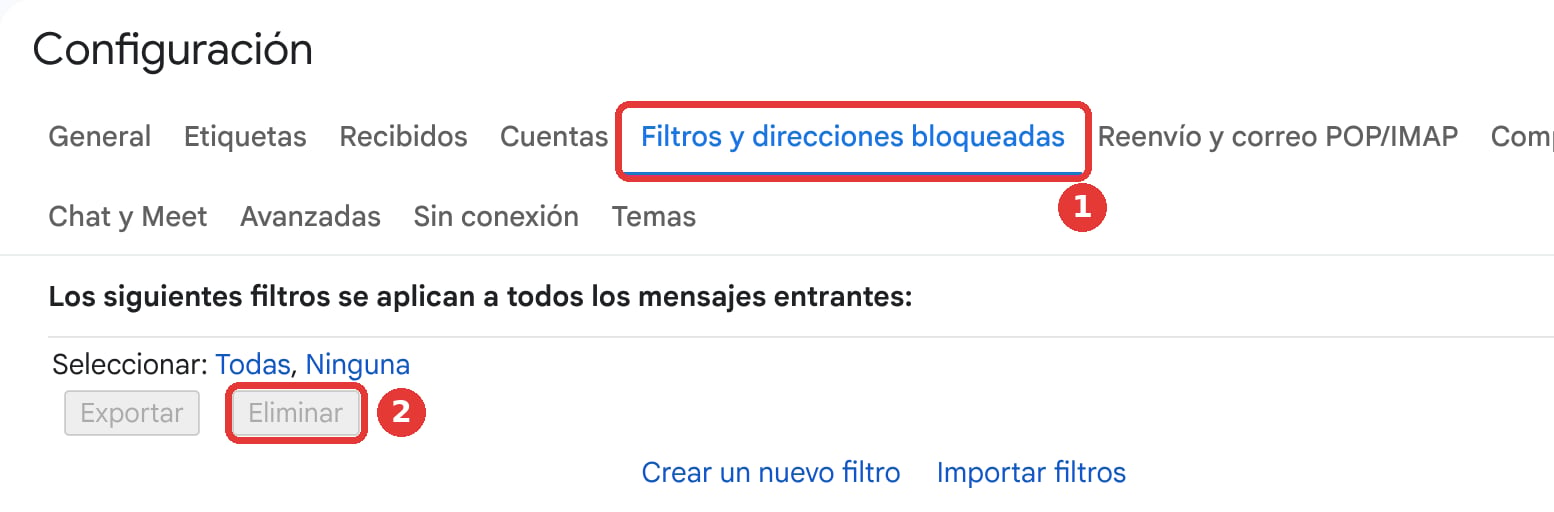 The Filters and Blocked Addresses tab with the forwarding filter and the Delete button