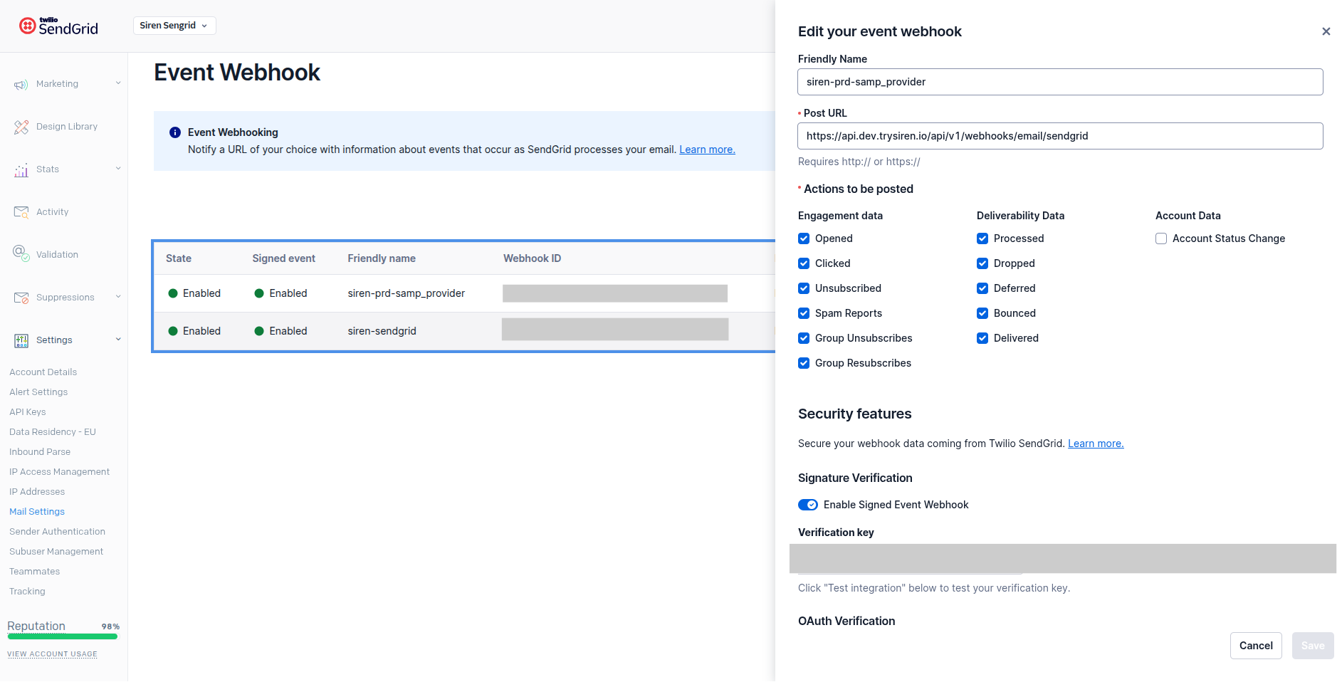 Sendgid Account configuration