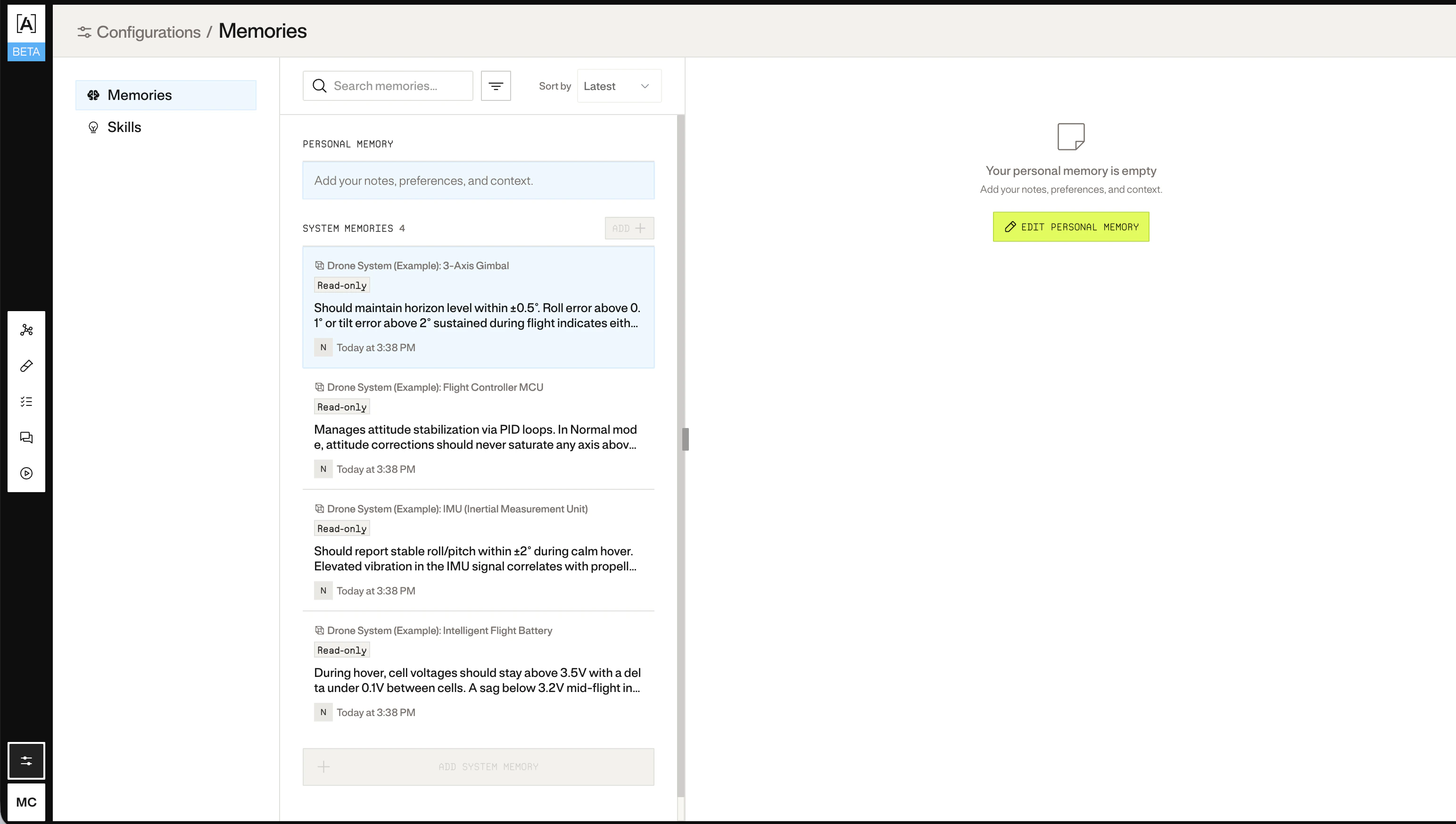Memories and skills configuration