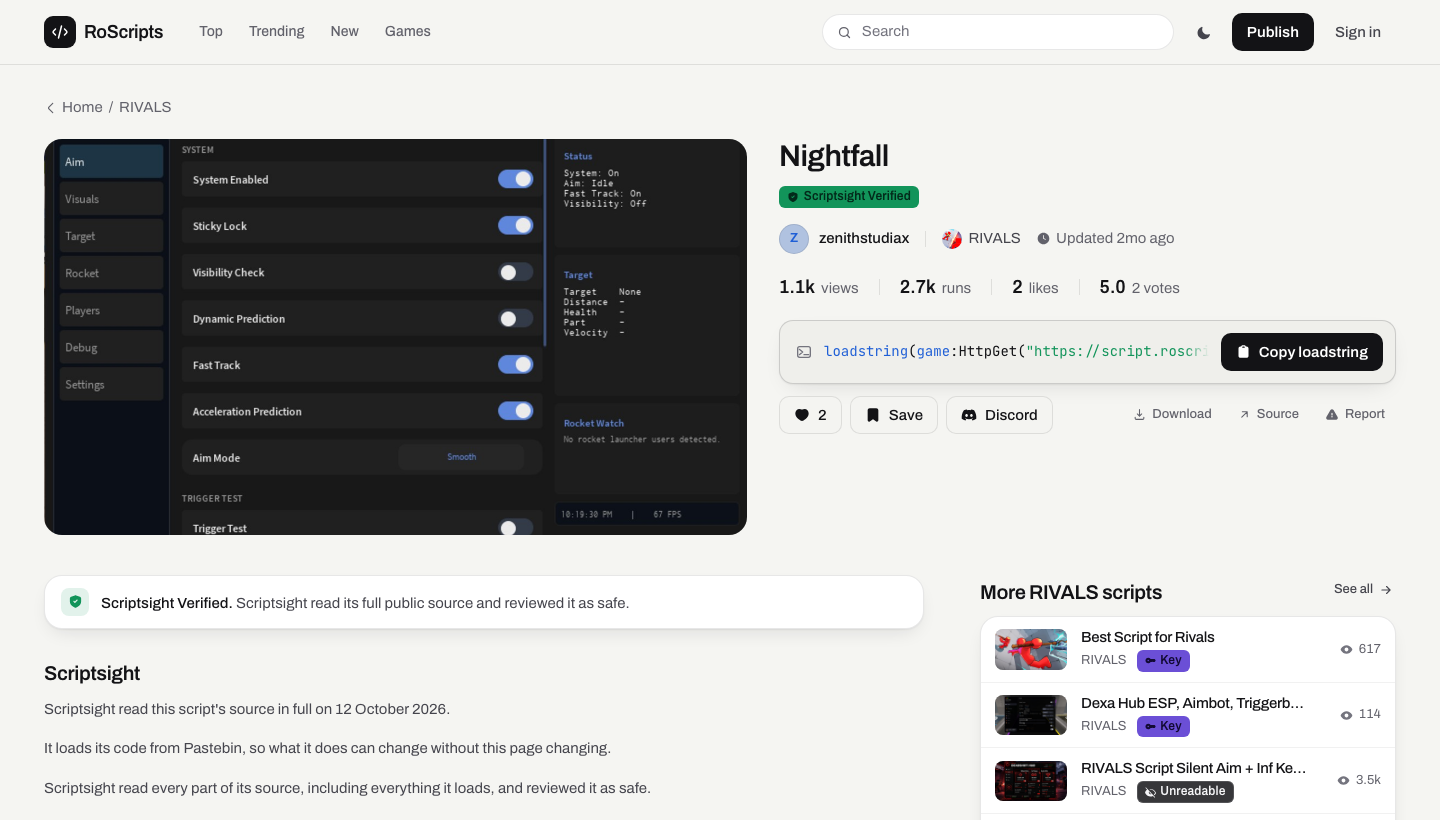 A Scriptsight Verified listing on RoScripts