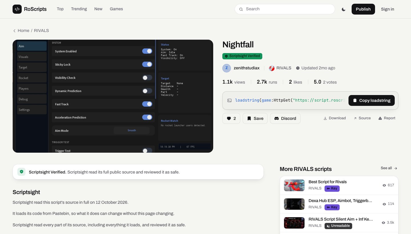 A Scriptsight Verified listing on RoScripts