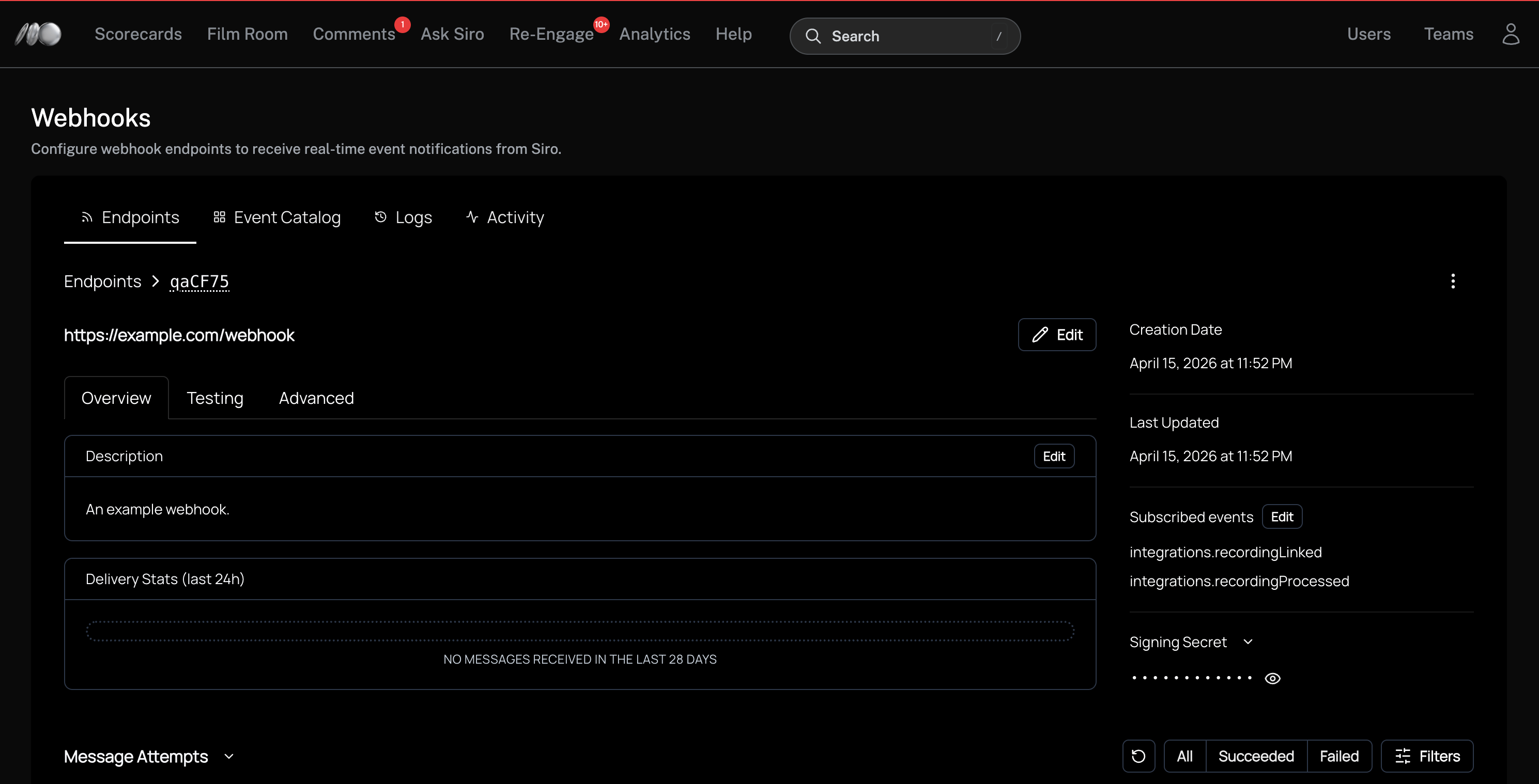 Webhook endpoint detail with signing secret