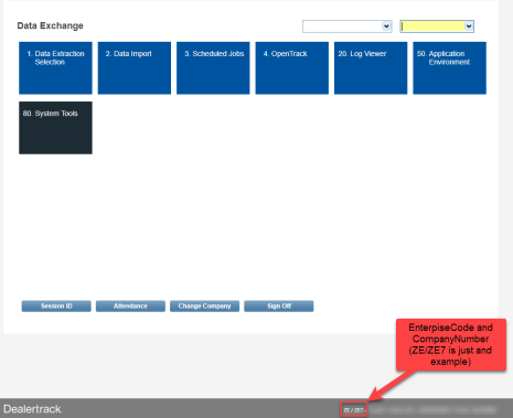 Enterprise Code and Company Code shown in the bottom right of the Dealertrack DMS screen