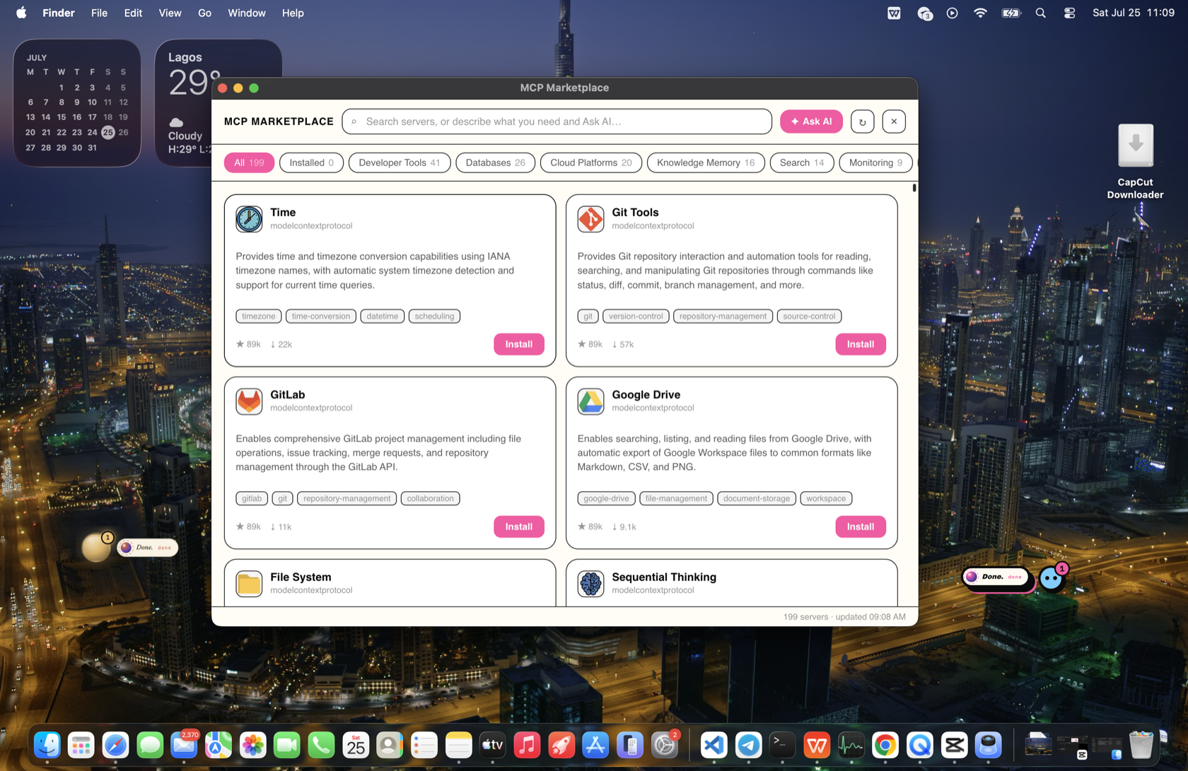 The MCP marketplace window: a searchable catalog of servers with one-click install