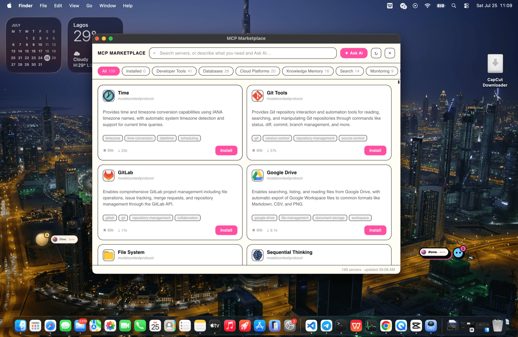 The MCP marketplace window: a searchable catalog of servers with one-click install