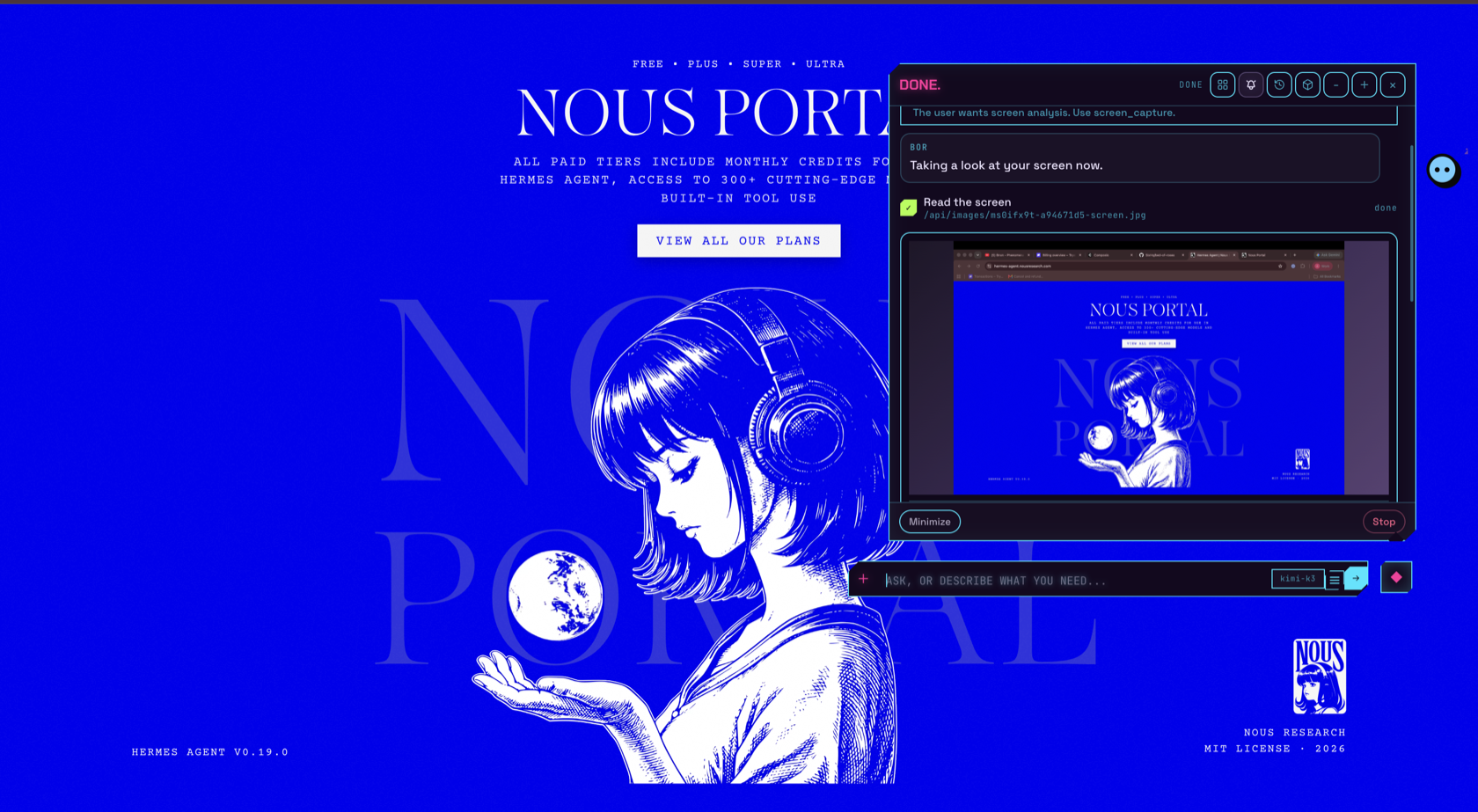 BOR analyzing the screen: the thought bubble shows a Read-the-screen card containing the capture it just took of the page behind it, with the narration 'Taking a look at your screen now'