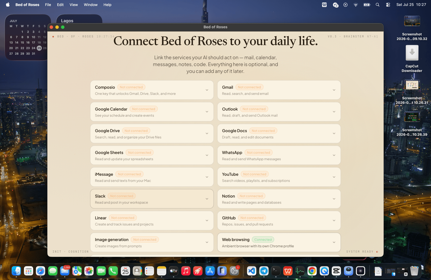 The connectors gallery: one-click sign-in cards for Gmail, Calendar, Drive, Slack, Notion, GitHub, and more
