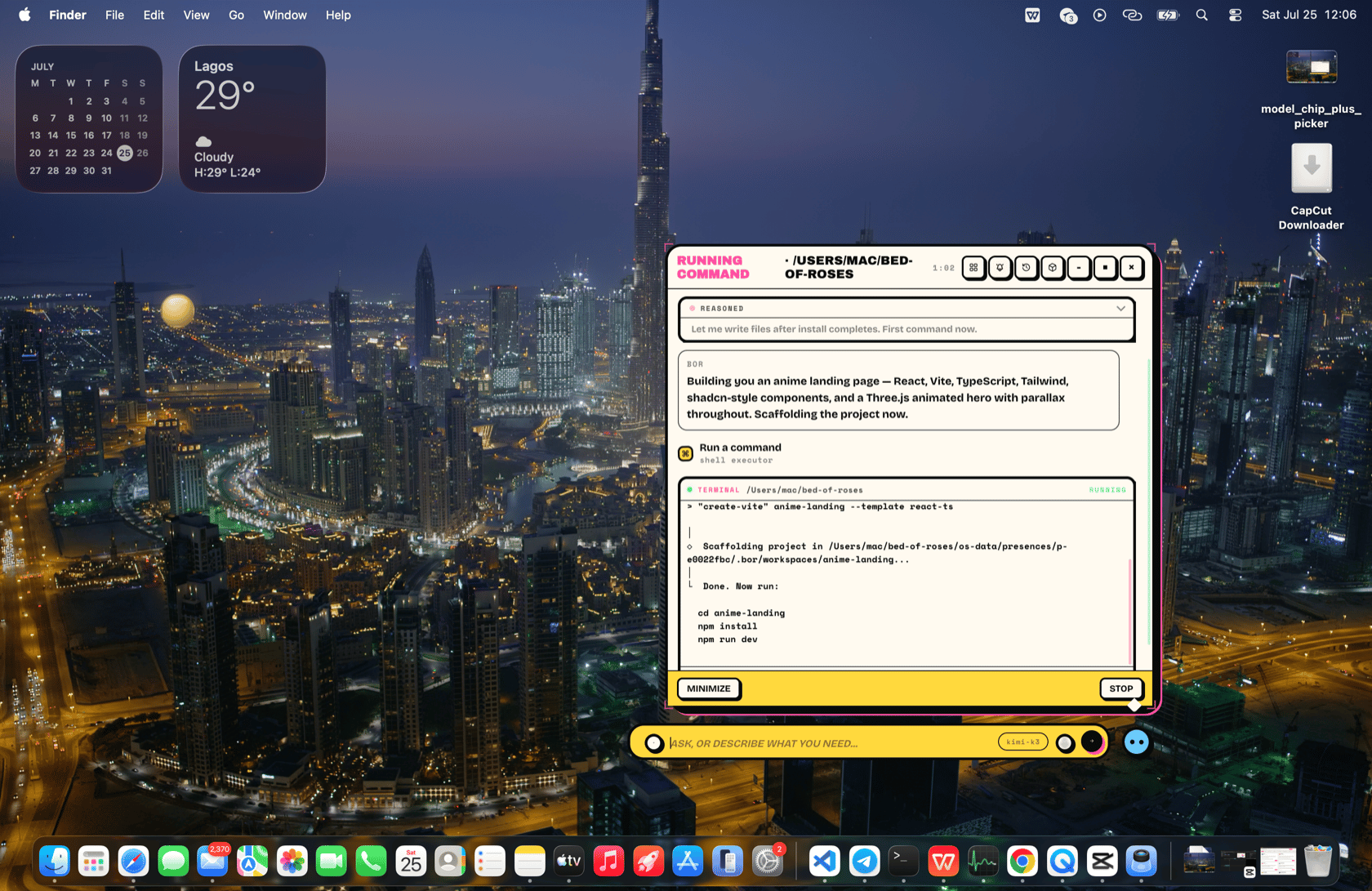 The thought bubble mid-task: a collapsed reasoning card, BOR's narration of the plan, a Run-a-command tool chip, and a live terminal card streaming the scaffolding output — with Minimize and Stop in the footer